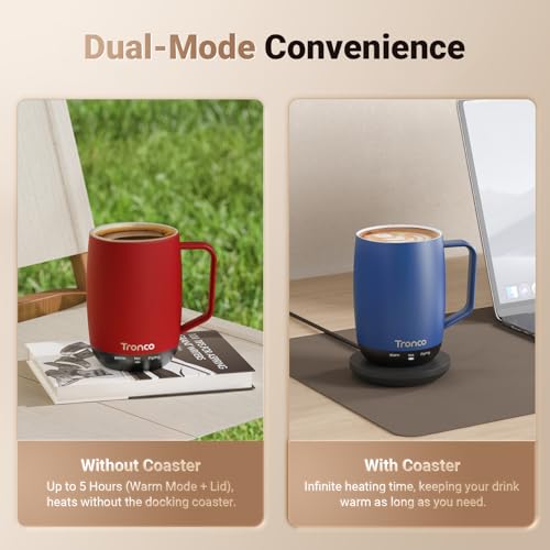 Image of Tronco Temperature Control Heated Coffee Mug 14 oz - Rechargeable Self-Heating Smart Mug with Lid - Manual Control, 3 Modes, 130 Min Battery Life, Auto Shut-Off (Black)