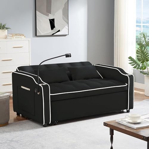 SPOWAY 3 in 1 Sleeper Sofa Couch Bed, Velvet Convertible Loveseat Sleeper Sofa with USB Port and Ashtray & Swivel Phone Stand, Storage Pockets, Pull Out Loveseat Sleeper for Living Room, Black