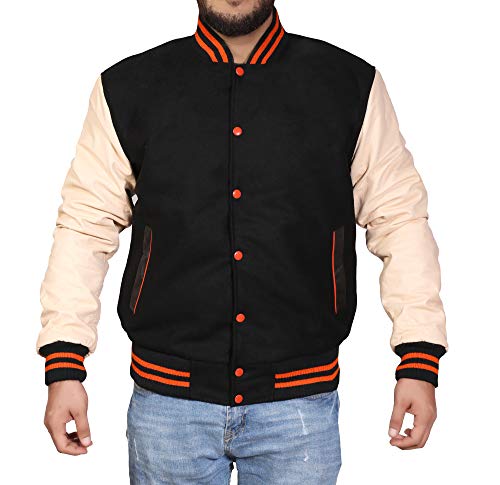 SKAF IMPEX Men's Varsity Jacket Wool & Leather Baseball Bomber Jacket S-2XL, Multi Colors (Medium, Black/Cream/Orange)