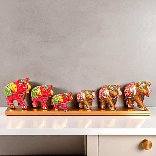 Hand-Painted Paper Mache Elephant Set - Traditional Indian Folk Art Decor for Home, Office, and Festivities (Set of 6) - Red &Old