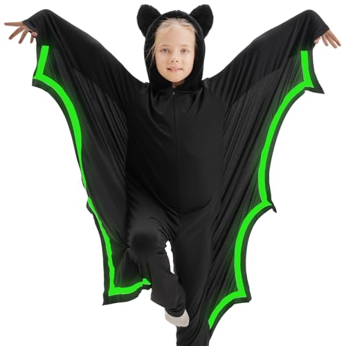 kidzkube Vampire Kid Bat Costume Glow in the Dark Bat Wings Costume Black Jumpsuit for Boy Girls 5-7 Years Old