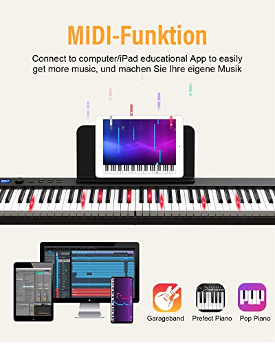OYAYO 88 Tasten Faltbar klavier, Keyboard Electric Piano Foldable mit Halb Gewichtet Leuchttasten, Klavier Aufkleber, MIDI Bluetooth, Digitales Klavier mit 128 Rhythmen Töne für Anfänger Geschenk