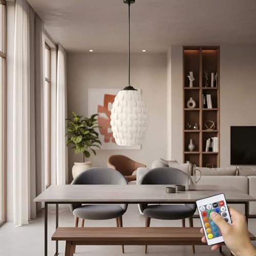 YEHUARIS Pendant Light with Remote Control, 9-Inch Modern Drum Light Fixture, RGB Color Changing Pendant Light Fixtures, Dimmable Kitchen Chandelier for Dining Room, Office - Chandelier001