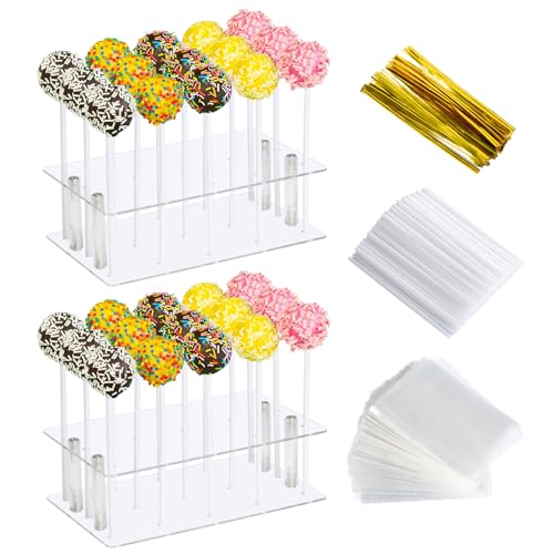 HENABLE 2 Pack Cake Pop Stand with Sticks & Wrappers 15 Holes Acrylic Cake Pops Holder Disply Clear Cake Pops Sticks Kit Lollipop Hold Stand for Drying Dessert Table Party Supplies