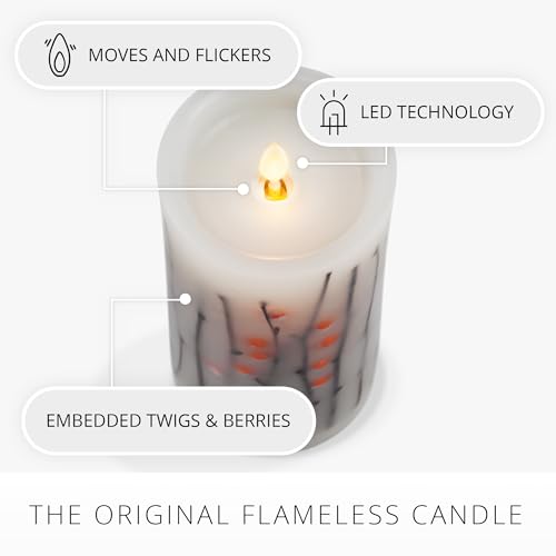 Image of Luminara - Flameless Flickering Moving Flame Battery Operated Unscented Candle LED Decor & Gift- Embedded Pillar Collection (Orange Berries & Twigs, 3.2 inch x 6.5 inch)