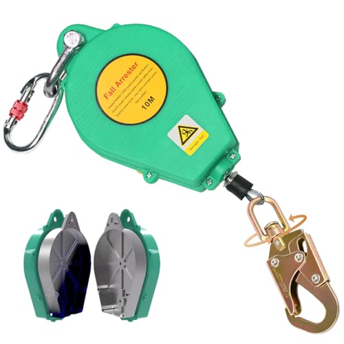 Aocay Dispositif Antichute a Rappel Automatique 10m, Harnais de Securite Anti Chute Toiture, 150kg Stop Chute Toiture à Rappel Automatique avec Crochet Rotation Amélioré(Vert,10 Mètres)