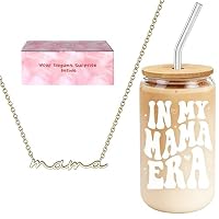 DAMCONME Mum Gifts - 16oz Glass Cup with Lid and Straw, 18K Gold “Mama” Necklace, Gift Card, Pink Gift Box - Perfect for Mother's Day, Birthday，Women's Day, New Mum, First-Time Mom