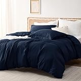 Bedsure Navy Duvet Cover Queen Size - Polyester & Rayon Derived from Bamboo Cooling Duvet Cover Set (90' x 90'), 3 Pieces with 2 Pillow Shams, Comforter Not Included