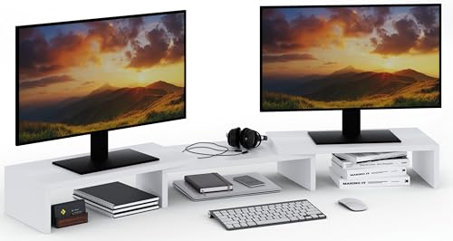 ComfortCove Dual Monitor Stand Riser, Monitor Stand, Desk Organizer, Laptop Stand, Computer Stand, 3 shelf Adjustable length, ideal for your Home Office, White