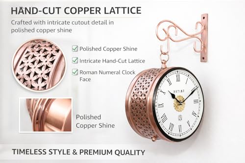 Image of Handcrafted Double Side Metal Analog Vintage Wall Clock,Hand Jali Cutting | 1.5 Year Machine Warranty |65470- Size INCHES | 1 Side Number 1 Side Roman,Colour Copper Size 8 inch