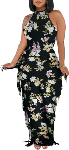 Image of YUEWOO 2 Piece Outfits for Women Sexy Crop Top Ruched Bodycon Maxi Dresses Fringe Skirt Sets Night Club Jumpsuits