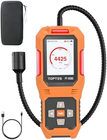 TopTes PT-830S Rechargeable Gas Leak Detector with 36.8 cm Flexible Probe, Range 0-10000 ppm, TFT Color Display & 3 Types Alarm, Natural Gas Leak Detector for Propane, Methane for Home or Industrial
