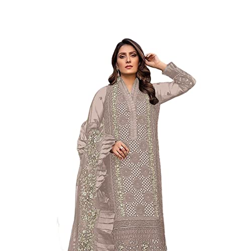 Image of Miss Ethnik Women's Faux Georgette Semi Stitched Top With Unstitched Bottom and Nazmin Dupatta Embroidered Straight Kurta Dress Material (Pakistani Salwar Suit)