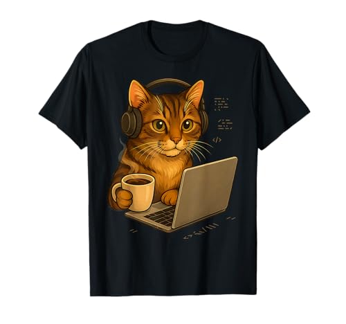 Katze mit Kopfhörern und Kaffee, schreibt Code Nerd Geek IT T-Shirt