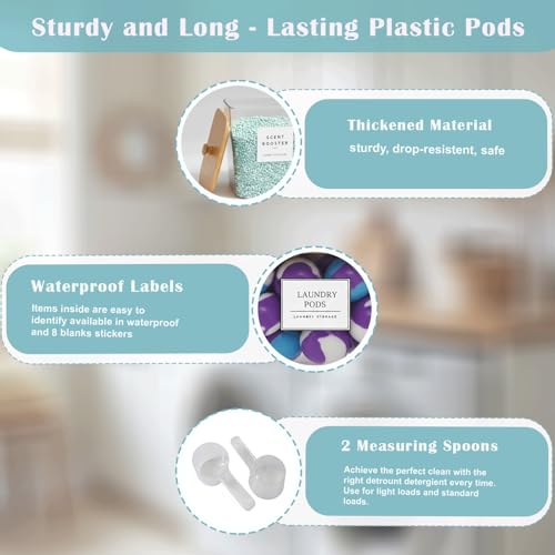 DUNE.Hub 4 Pack Laundry Pod Containers With Wooden Lids, Labels And Measuring Scoops, 30"W x 40"H, Dryer Sheet Holder, Clear Plastic Laundry Detergent Powder Container by DUNE.Hub - Used condition - Image 6