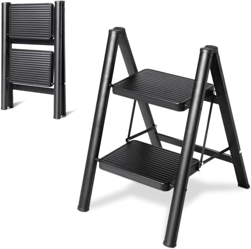 MOMENT Step Ladder Folding Step Stool Heavy Duty 330 Lbs Load Stepladder Small Kitchen/Closet Ladder for Adults/Kids Lightweight Step Ladder with Anti-Slip Wide Pedal for Home Black