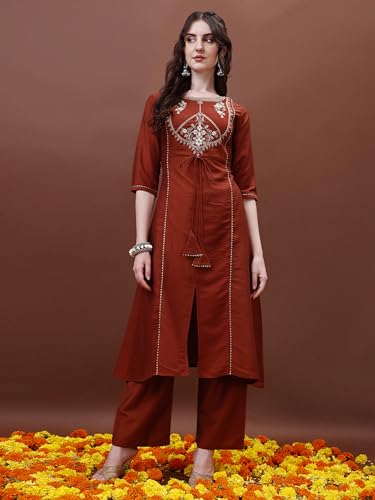 Image of EthnicJunction Women's Chinon Embroidered Straight Front Slit Kurta Palazzo & Organza Dupatta Set | Wedding | Heavy | Outfit | Suit