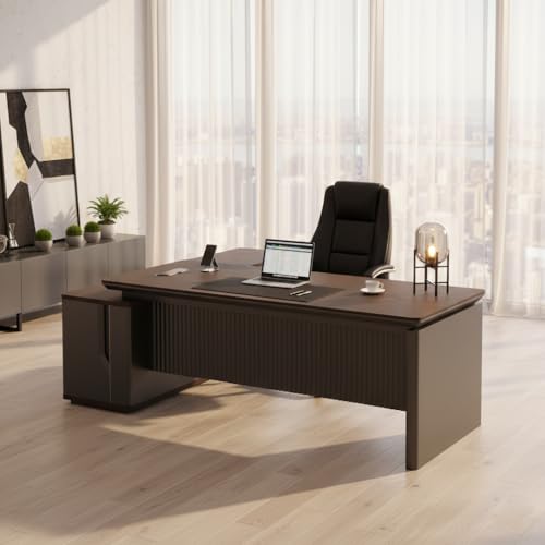 Image of Premium Modern Director Office Table with Dark Wood Finish & Fluted Front Panel, Executive Desk for Corporate Office (LDL-756 MDFL L6W3)