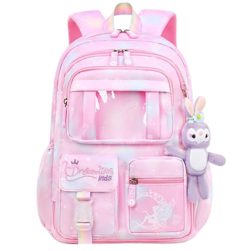 Image of Kawaii Fantasy Colorful Gradient Backpack with Cute Rabbit Plush Pendant for Elementary School Teens Girls Aesthetic Lightweight Waterproof School Bag with Multiple Pockets & Hidden Zipper