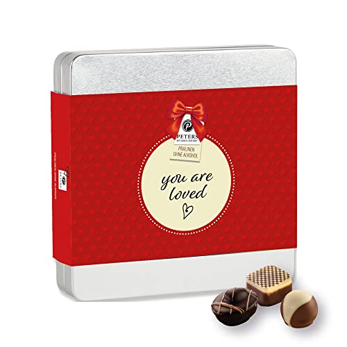 Pralinen-Mischung 170g You are loved (alkoholfrei) in edler Retro-Box aus Metall. Zum Geburtstag, Jubiläum oder einfach so. Vintage-Design.
