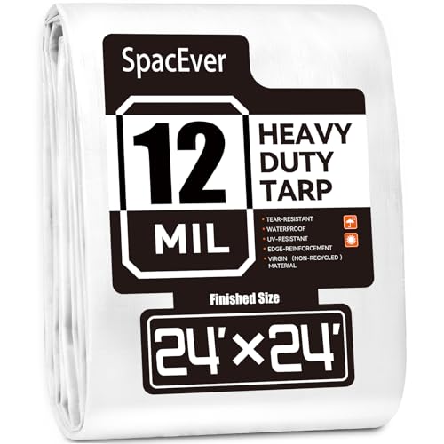Tarp Heavy Duty 24x24 FT 12 Mil Thick Large Tarps Water-Proof with Grommets UV& Tear Resistant Plastic Cover for Pool Roof Tent Outdoor Firewood White