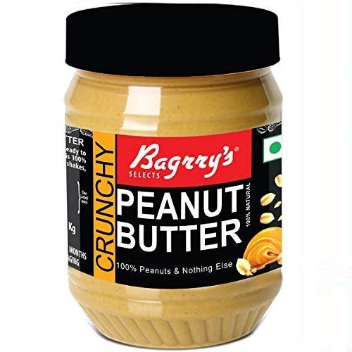 Bagrry's Natural Peanut Butter, Crunchy 1kg Jar | High Protein | Naturally Gluten Free | 100% Natural | No added oil & Sugar | 100% Vegan | Unsweetened Crunchy Peanut Butter