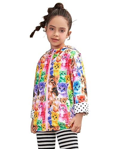 QPANCY Big Girls Rain Jacket Waterproof Raincoat with Hood Lightweight Packable Cat Jackets Girls Mid-Length Windbreaker Size 10 11
