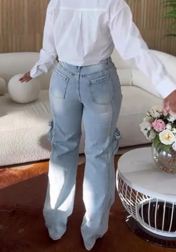 Vakkest Women's Rhinestone Cargo Jeans High Waisted Ripped Distressed Wide Leg Stretchy Denim Pants with Flap Pockets4