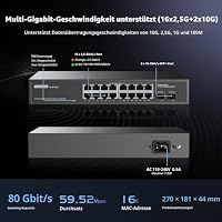 16 Port 2,5G-Switch mit 2x10G SFP+, 16 x 2,5G Ethernet Base-T-Ports, YuLinca Multi-Gigabit-lüfterloser, Nicht verwalteter Plug & Play-Rackmount-Switch – Ansicht 3