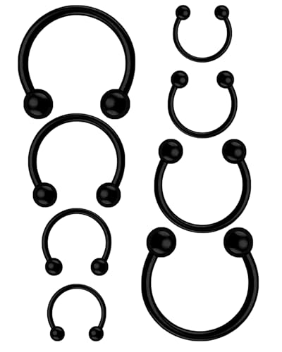 KGDUYC Aros de piercing - 4 pares de piercings de herradura para la nariz, labio, tragus, hélix y oreja, Acero inoxidable, Negro, 16G, 6/8/10/12 mm