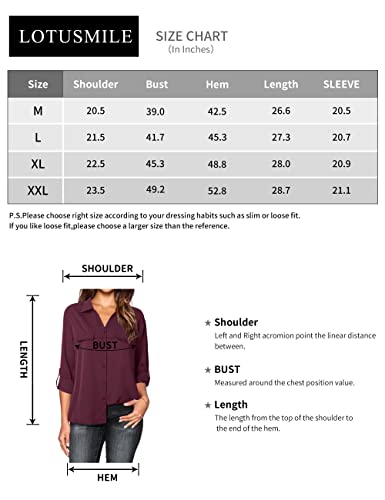 Lotusmile 3/4 Sleeve Button Up Shirts For Women, Casual Long Sleeve Plain Basic Classy Button Down Tops And Blouses For Work Breathable Cozy Red Chiffon Top Cute Trendy Collared Shirts For Office #TOP5