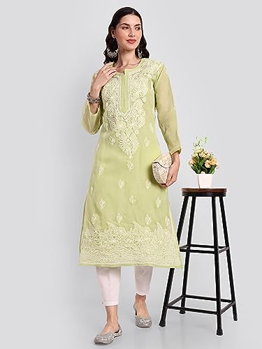 Image of Seva Chikan Hand Embroidered Lucknowi Chikankari Cotton Kurta Kurti for Women SCL4316
