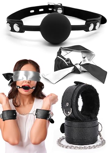 Black Satin Eye Mask 59 Breathable Mouth Ball and Fluffy Handcuffs with Chain Adjustable Wrist Cuffs Set for Grownups 3pcs