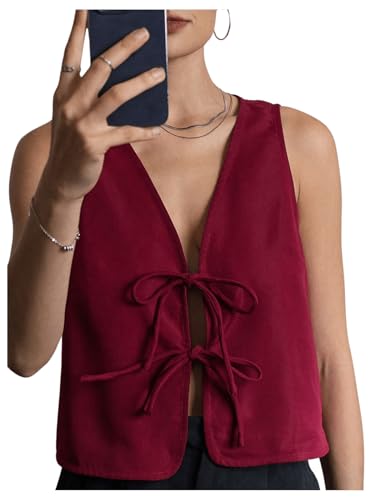 MakeMeChic Women's Bow Tie Front Vest V Neck Sleeveless Summer Vest Tops