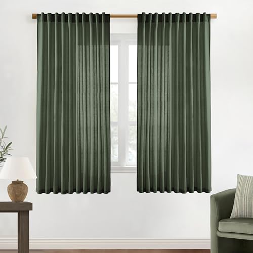 Image of XTMYI Green Curtains 63 Inch Length Sheer Semi Light Filtering Tropical Curtains for Living Room 2 Panels Set