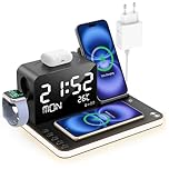7-in-1 Wireless Charging Station with Clock, Wireless Charger with Night Light, Bluetooth Time Sync & Temperature, for iPhone 17/16/15/14/13 Pro Max, Android Phones, AirPods & Apple Watch, 33W Adapter