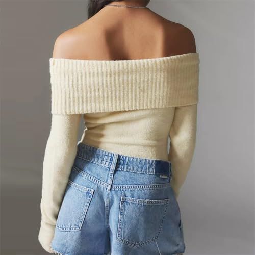 Image of Women Off The Shoulder Sweater Y2k Long Sleeve Boat Neck Knit Cropped Pullover Tops Fall Trendy Going Out Streetwear