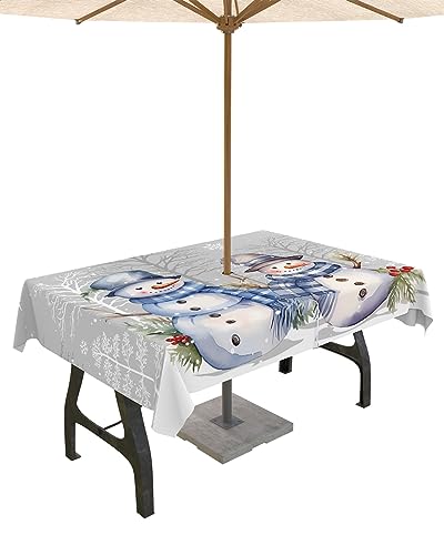 Forest Snowman Outdoor Tablecloths with Umbrella Hole and Zipper, Christmas Tree Branch Grey Waterproof/Stain Resistant Rectangle Table Cloth 54x80 Patio Table Cover for Picnic/Party Baby Shower