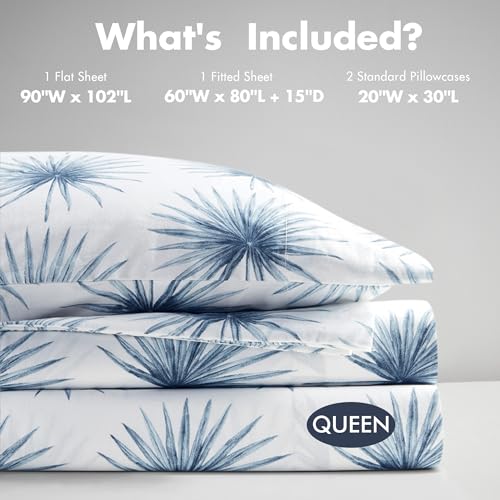 Image of Madison Park 100% Cotton Sheets, Queen Size, 200TC, Blue Palmetto, 4 Piece