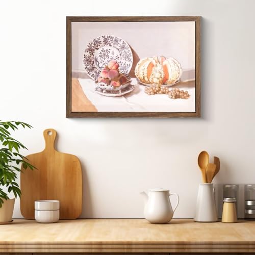 PHOENIX Claude Monet Wall Art Decor Framed Floating Canvas Still Life Fruit Plate Melon Classic Realistic Muted Color for Living Room Bedroom Office 12X16 Inch