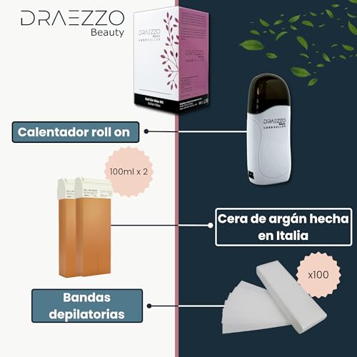 Draezzo - Cera Depilatoria Roll On Kit. Calentador Cera Roll On + 2 Cartuchos Roll On Cera Depilatoria + 100 Bandas Depilatorias. Descubre los beneficios del argán. Luxe RollOn - imagen 2