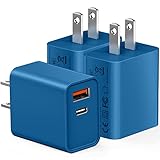 USB C Wall Charger, 3Pcs 20W PD + QC3.0 USBC Charger Block Super Fast Power Output Rapid Charging Box Wall Plug Cube for iPhone 16/17, Samsung Galaxy S24, Motorola, LG, Google Pixel 6Pro(Sea Blue)