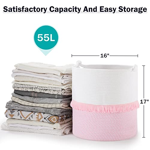 Youdenova Tassel Basket, 55L Blanket Toy Storage Basket, Woven Cotton Rope Basket With Handle, Baby Laundry Hamper Basket For Blankets, Toys And Towels, 16"×17" Pink #TOP1