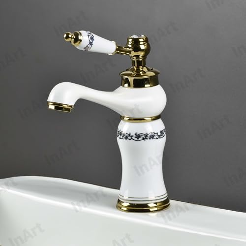 Image of InArt White Gold Glossy Finish Basin Pillar Cock Tap Faucet for Wash Basin, Hot & Cold Water Mixer, Single Handle, Waterfall Design, Table Mount /Deck Mount (Gold White)