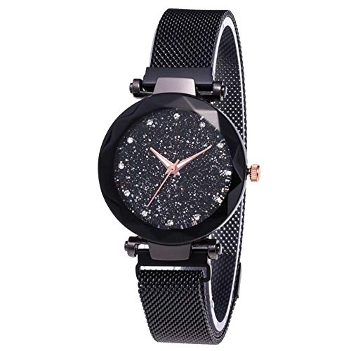 1PC Frauen-Armbanduhr Analog Quarz-Uhrwerk Armbanduhren mit PU-Armband Klassische Wasserdicht Sternenhimmel Dial-Uhr-Schwarz Cover