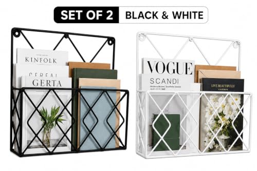 Image of Hanging File & Magazine Holder - Wall Mounted Metal Organizer for Newspapers, Documents & Office Storage | Decorative Black Wall Rack for Home & Workspace (Black+White)