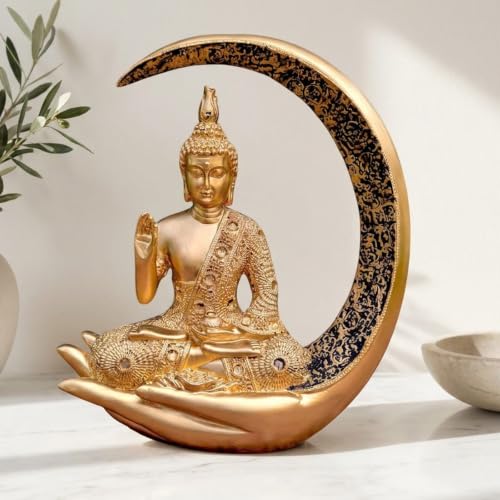 Image of Antique Big Meditating Moon Buddha Statue Showpiece for Home Decor - Living Room - House Warming - Office - Gifting - Buddha Idol Polyresin Decorative Figurine (9 Inch / 23 cm, Gold)
