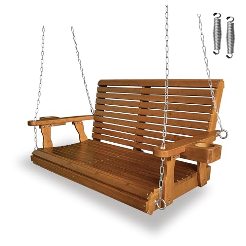 Wooden Porch Swing 2-Seater, High Backrest and Deep Seat, Bench