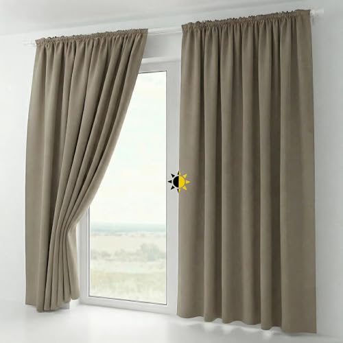 BEAUTEX 2er Set Kräuselband Verdunkelungsvorhang mit U-Band, Gardinen abdunkelnd und Blickdicht (B=140 cm, H=225 cm, Hellbraun)