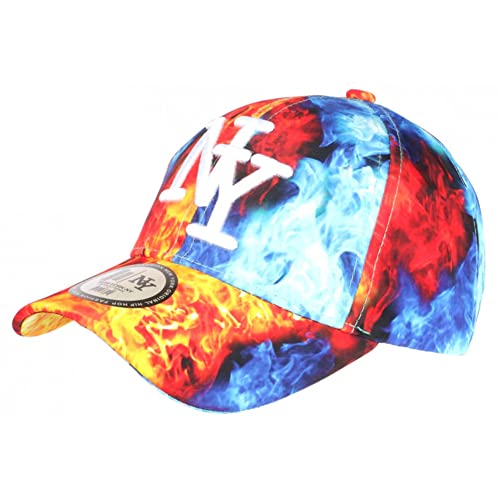 Casquette enfant bleue broderie NY orange motif feu style urbain baseball pour pre-ado